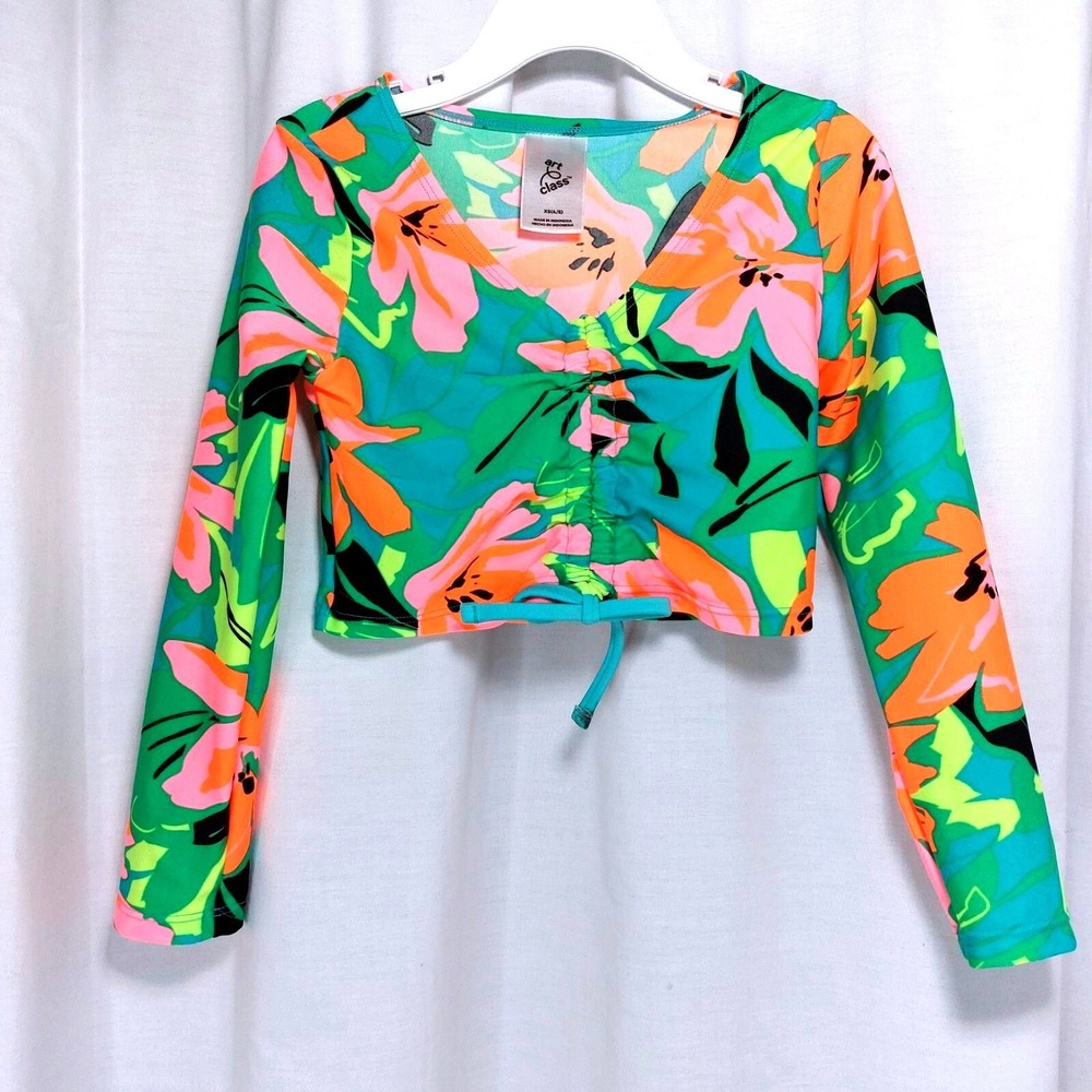 Art Class Girls Long Sleeve Crop Swim Top UPF 50 Rash Guard Tropical Sz 4/5 READ